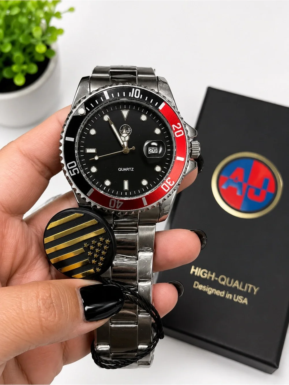 AJ Black Stainless Steel Diver Watch Quartz Rotating Bezel Date New in Box
